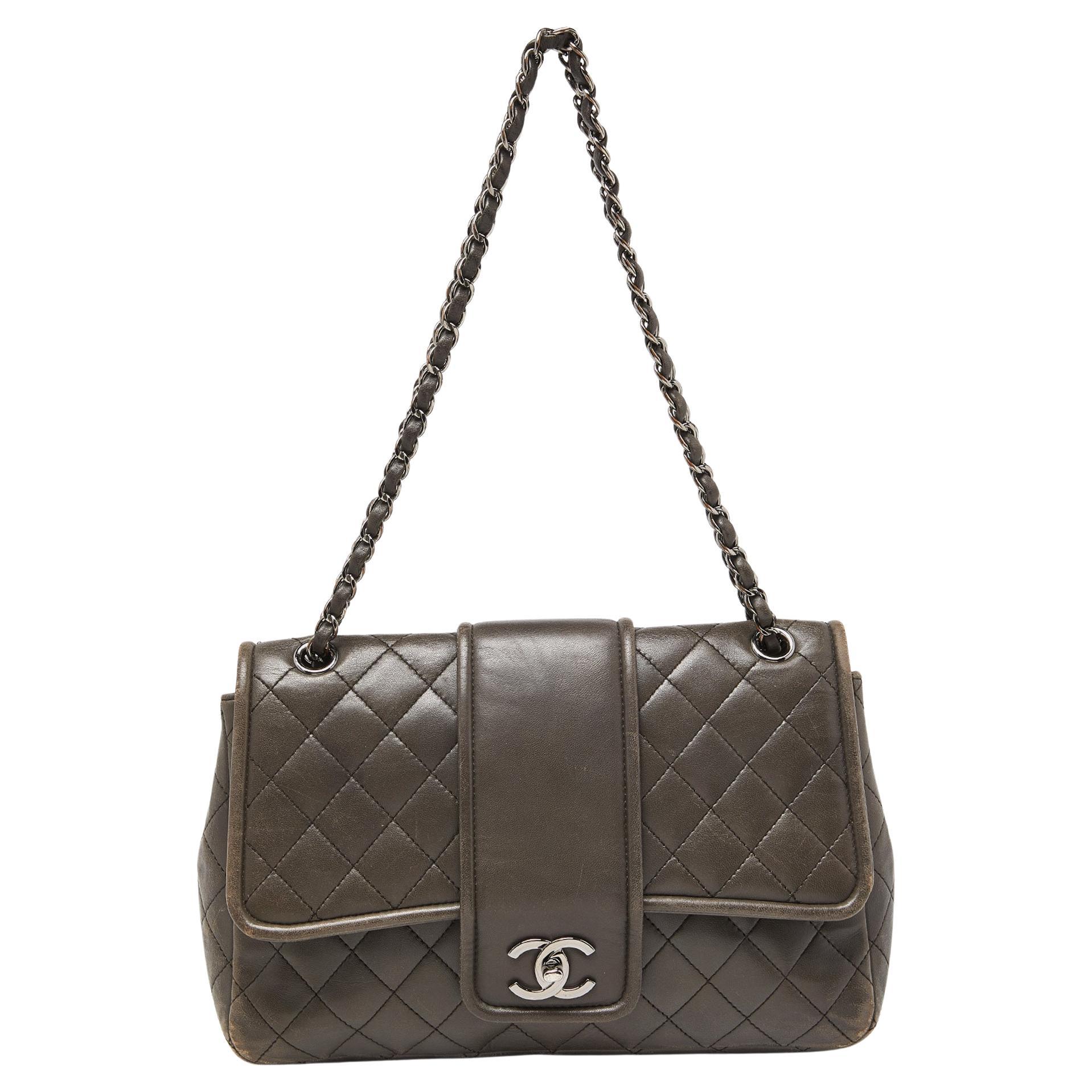 Chanel Grey Quilted Leather Elementary Chic Flap Bag For Sale