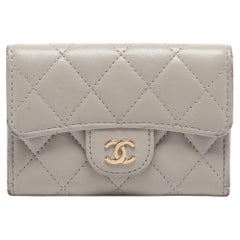 Used Chanel Grey Quilted Leather Flap Card Holder