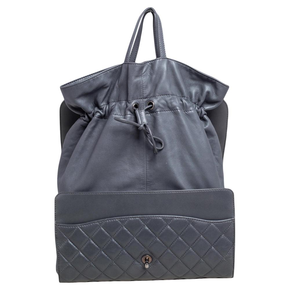 Chanel Grey Quilted Leather Grocery By Chanel Drawstring Flap Bag 4