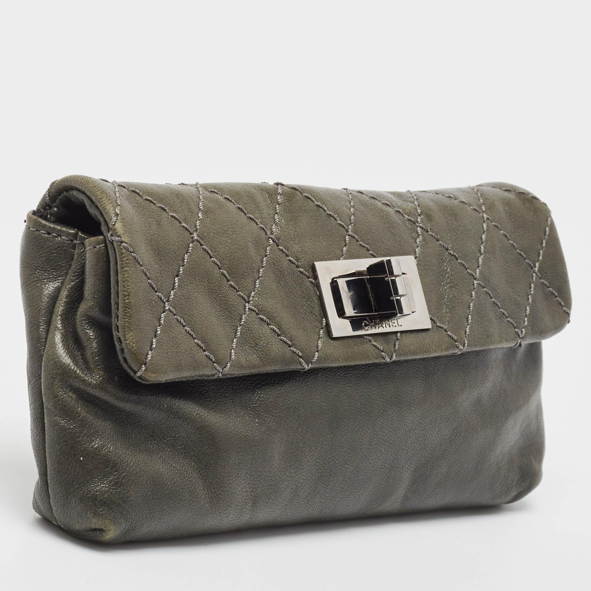 Black Chanel Grey Quilted Leather Mademoiselle Flap Clutch