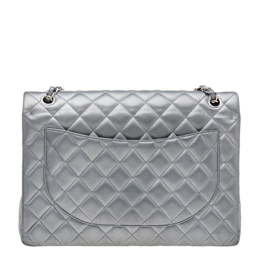 Chanel Grey Quilted Leather Maxi Classic Single Flap Bag 2