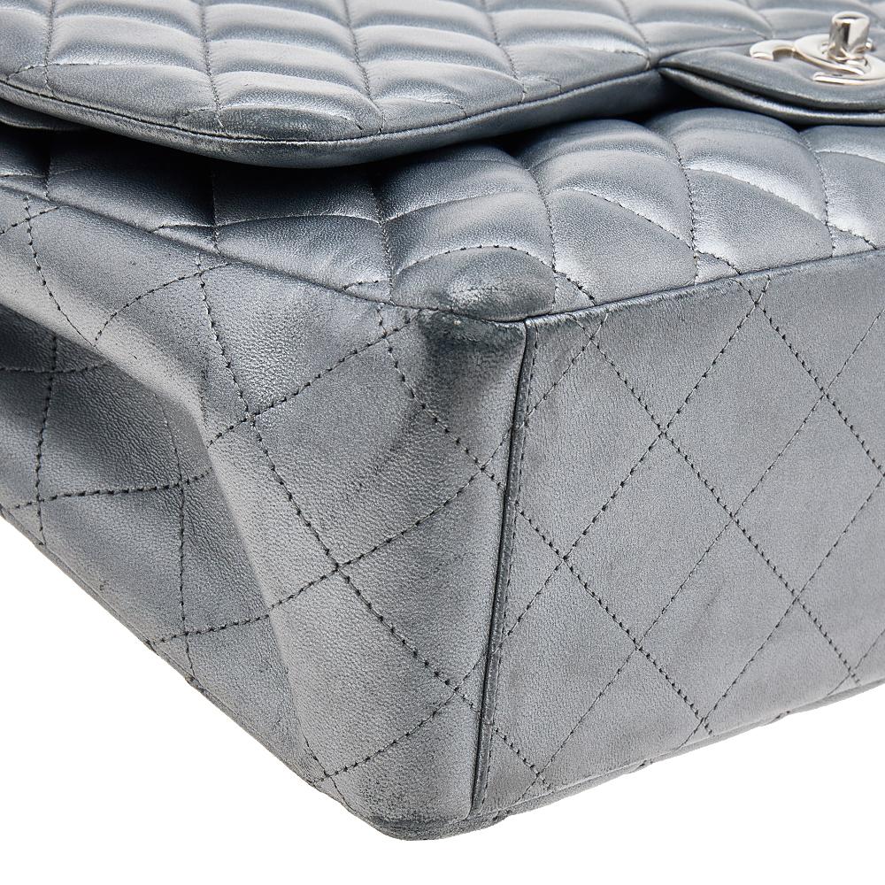 Chanel Grey Quilted Leather Maxi Classic Single Flap Bag 4