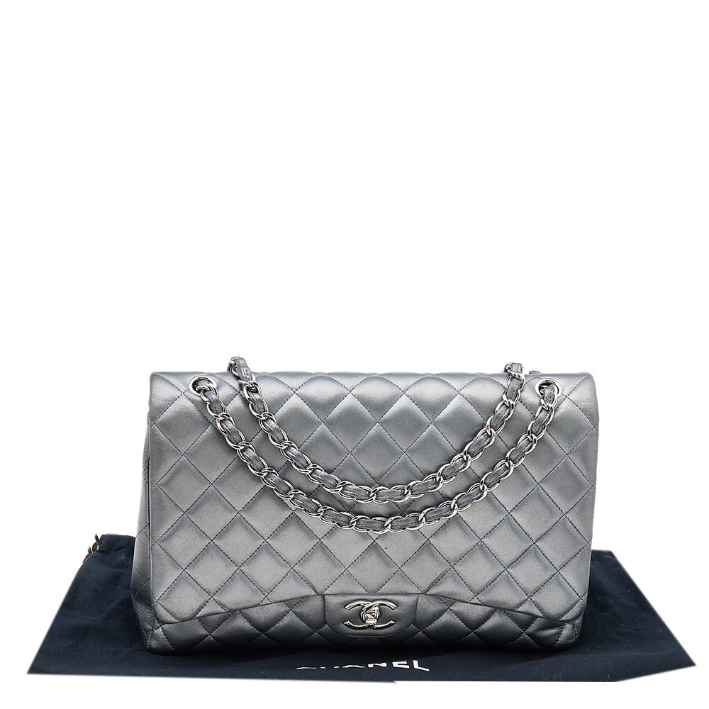 Chanel Grey Quilted Leather Maxi Classic Single Flap Bag 6