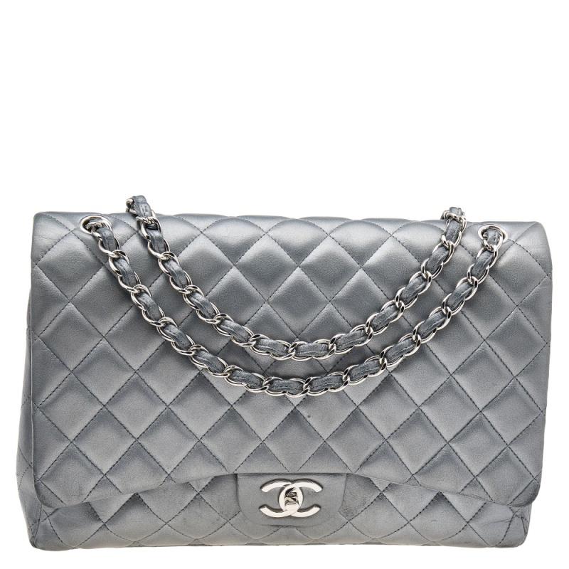 Chanel Grey Quilted Leather Maxi Classic Single Flap Bag 7
