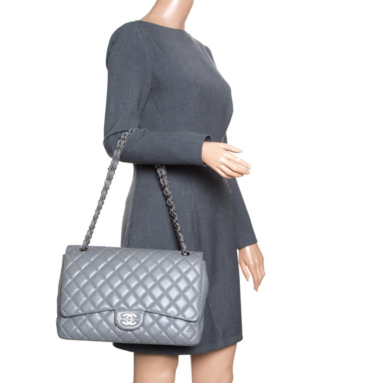 Chanel Grey Quilted Leather Maxi Classic Single Flap Bag For Sale at