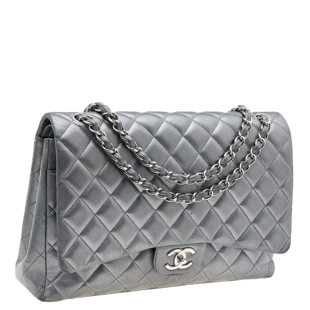 Women's Chanel Grey Quilted Leather Maxi Classic Single Flap Bag