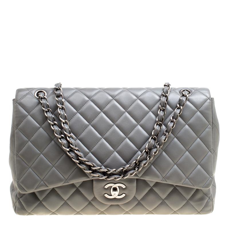 Chanel Grey Quilted Leather Maxi Classic Single Flap Bag For Sale at
