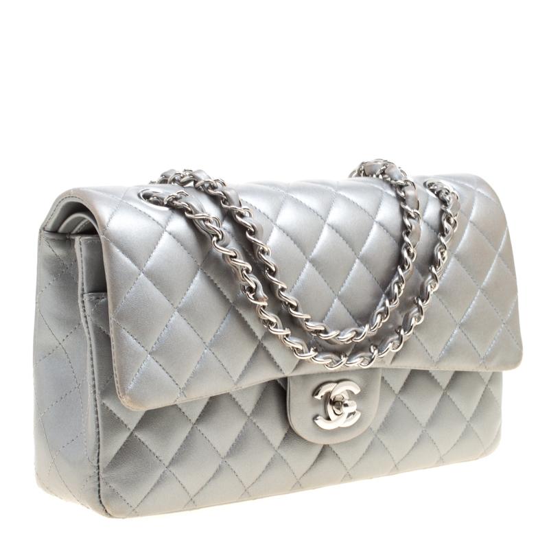 Chanel Grey Quilted Leather Medium Classic Double Flap Bag 5