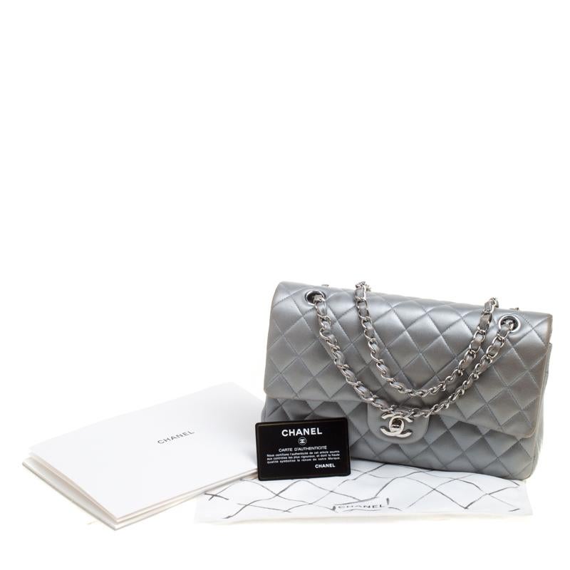 Chanel Grey Quilted Leather Medium Classic Double Flap Bag 7
