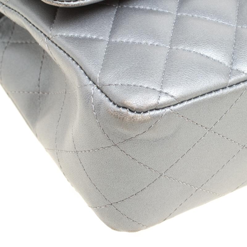 Chanel Grey Quilted Leather Medium Classic Double Flap Bag 2