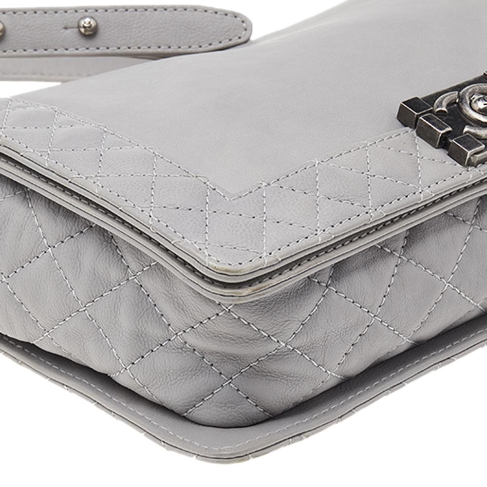 Chanel Grey Quilted Leather Medium Reverso Boy Bag 6