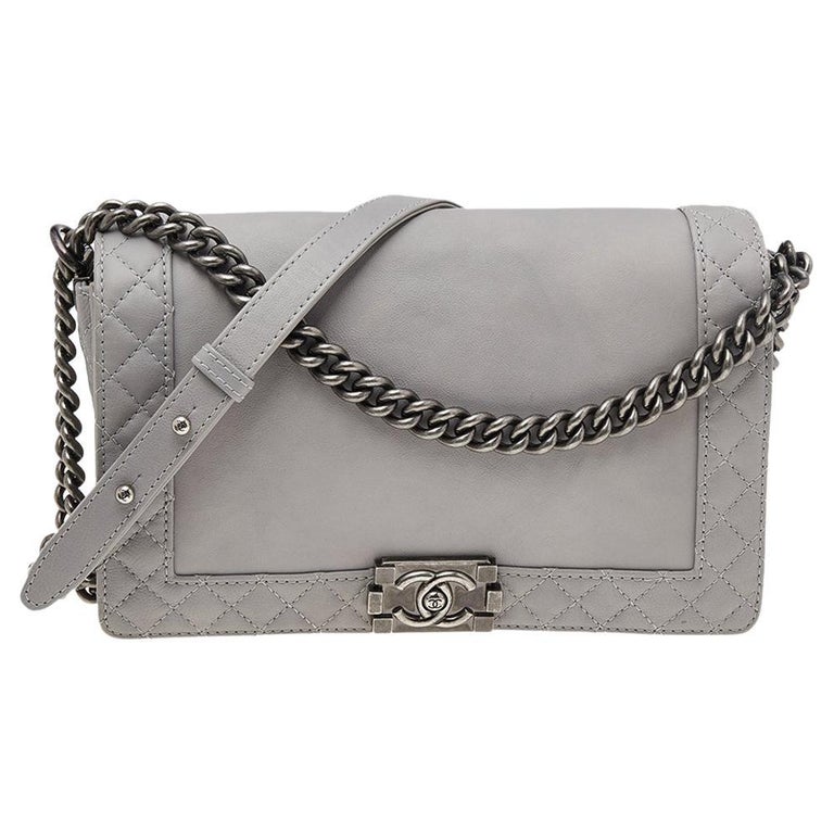 Chanel Grey Quilted Leather Medium Reverso Boy Bag at 1stDibs
