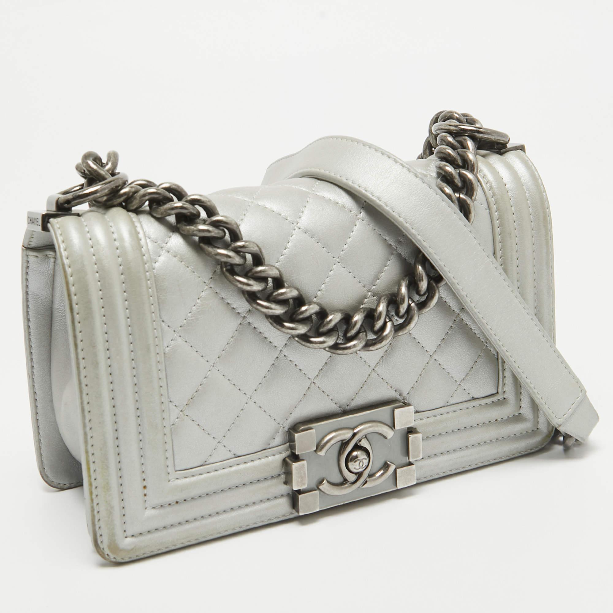 Gray Chanel Grey Quilted Leather Mini Boy Flap Bag For Sale