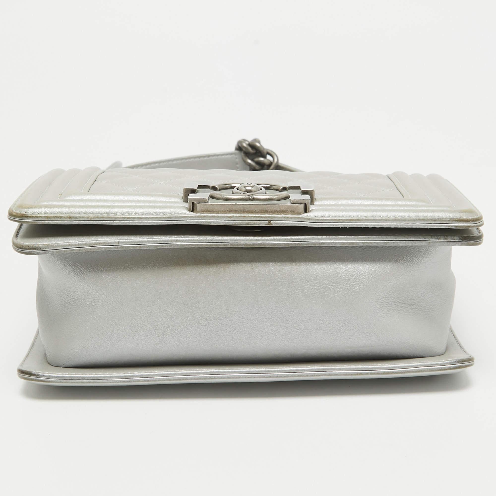 Chanel Grey Quilted Leather Mini Boy Flap Bag For Sale 4