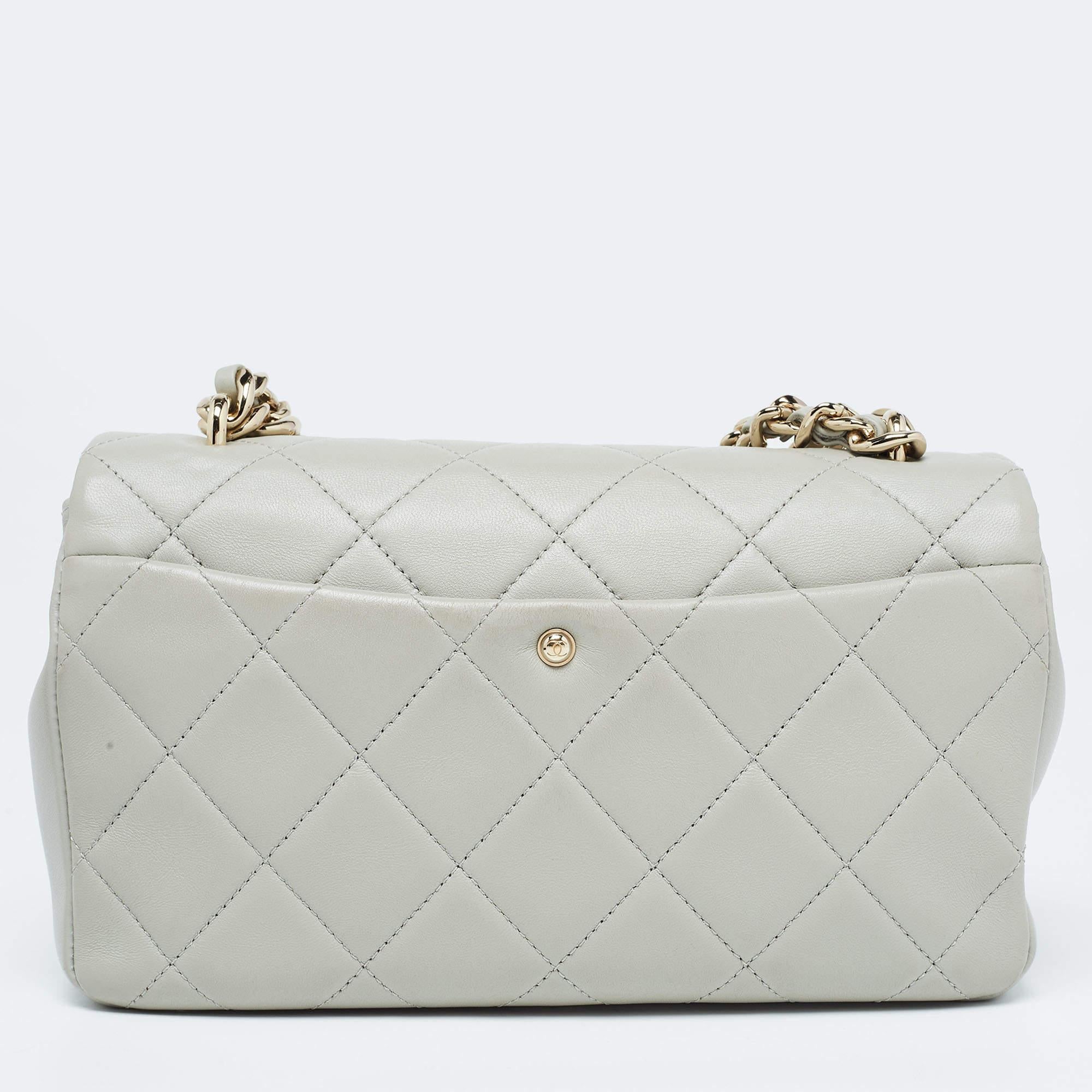 The Chanel flap bag epitomizes elegance with its luxurious combination of grey quilted leather and resin accents. The bi-color chain adds a contemporary twist to its timeless design, making it a sophisticated statement piece for any