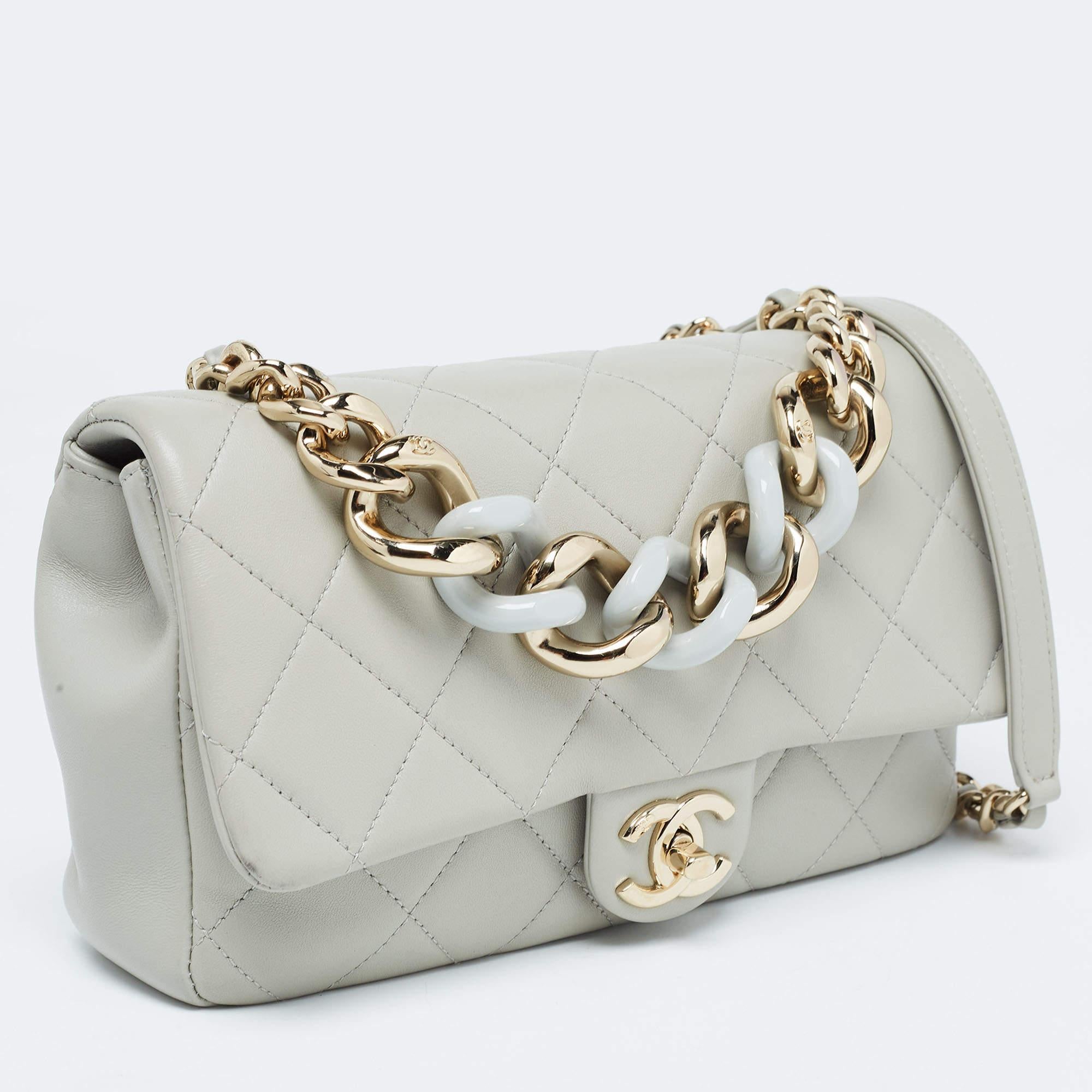 Women's Chanel Grey Quilted Leather Resin Bi-Color Chain Flap Bag