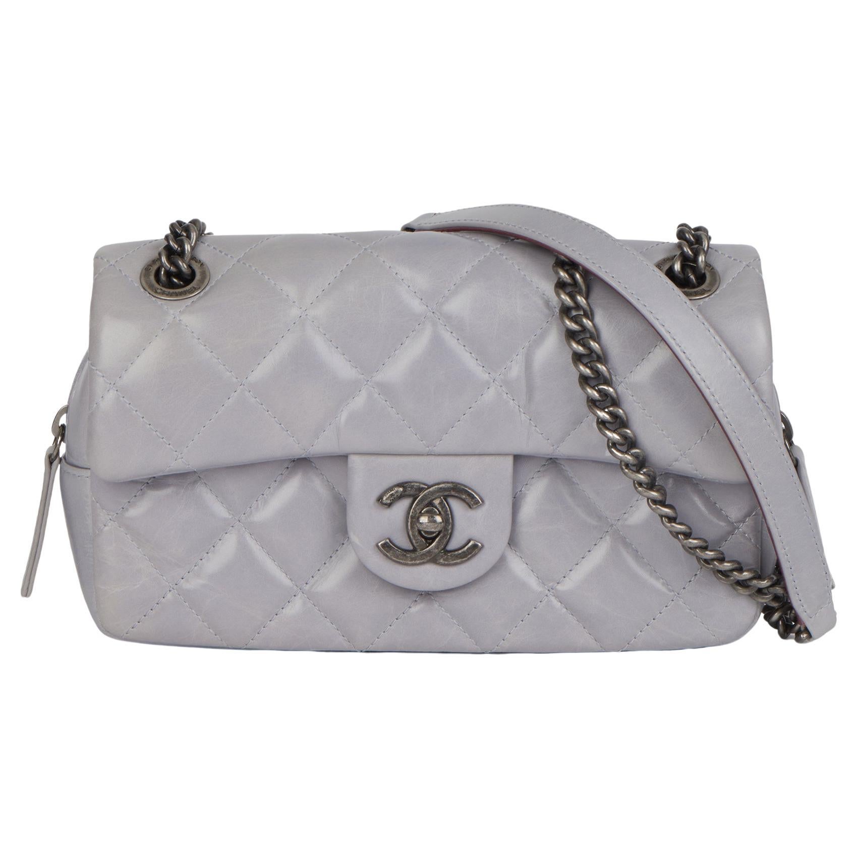 Chanel GREY QUILTED SHINY CALFSKIN LEATHER MINI EASY CARRY FLAP BAG