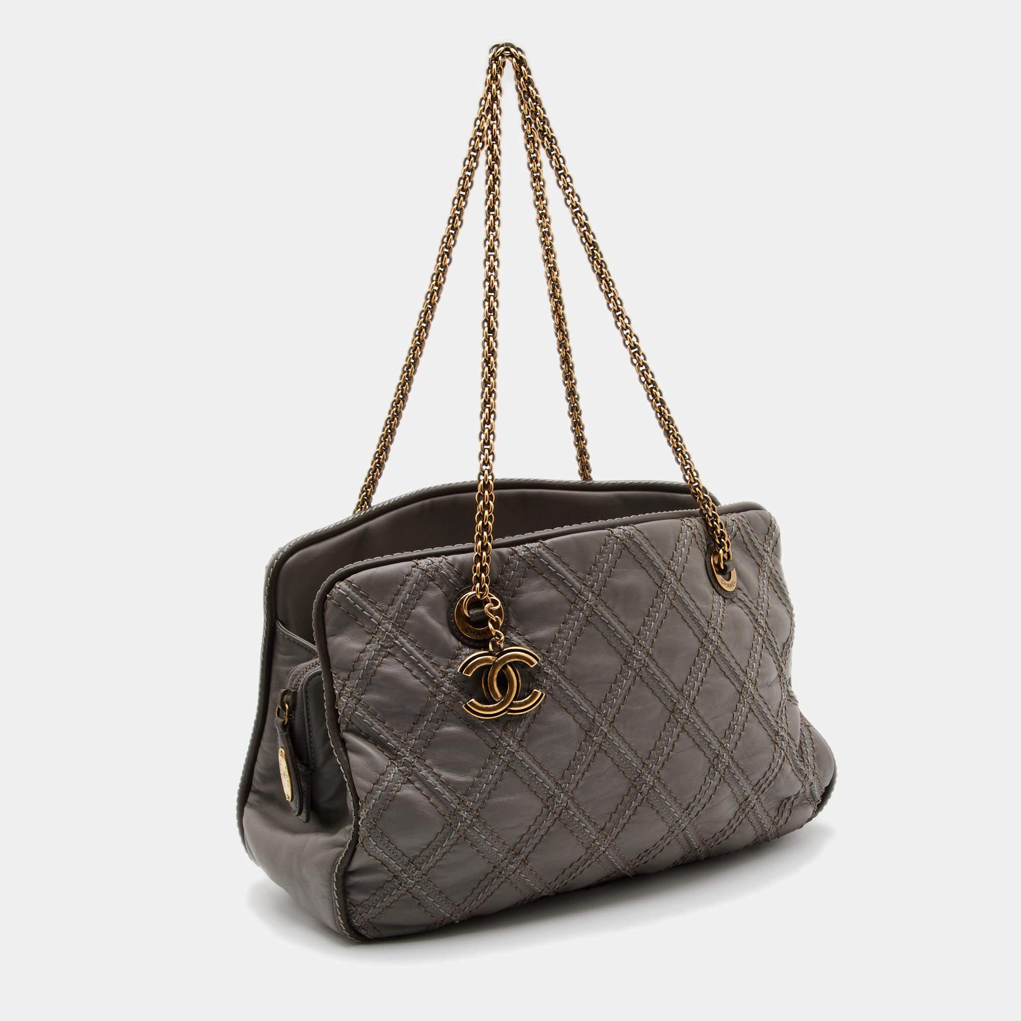 Women's Chanel Grey Quilted Stitch Leather Triptych Tote