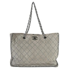 Chanel Grey Quilted Suede Wild Stitch Jumbo CC Tote