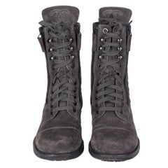 CHANEL grey QUILTED suede ZIP Combat Boots Shoes 38.5