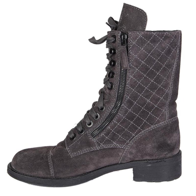 CHANEL grey QUILTED suede ZIP Combat Boots Shoes 38.5 at 1stDibs