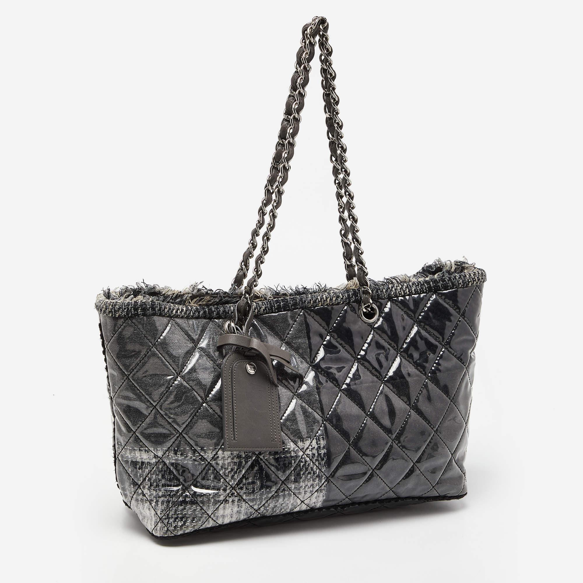 Women's Chanel Grey Quilted Vinyl and Tweed Funny Patchwork Tote For Sale