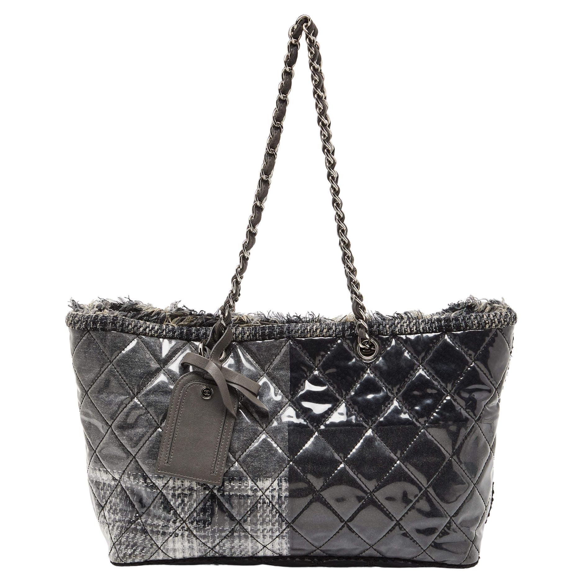 Chanel Grey Quilted Vinyl and Tweed Funny Patchwork Tote For Sale