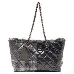 Vintage Chanel Grey Quilted Vinyl and Tweed Funny Patchwork Tote