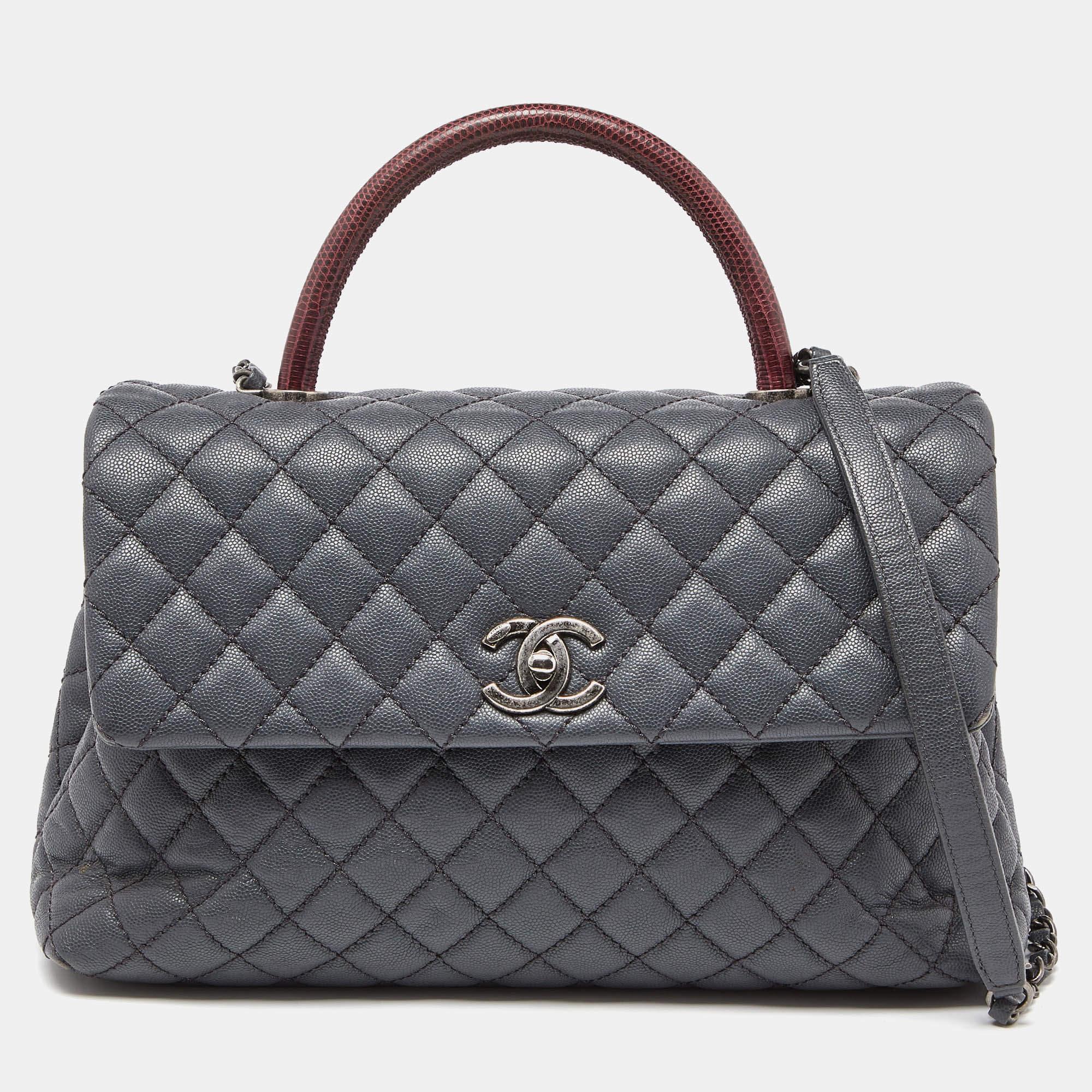 Chanel Medium Coco Top Handle Bag aus grauem/rotem Kaviarleder und Eidechsenleder 6