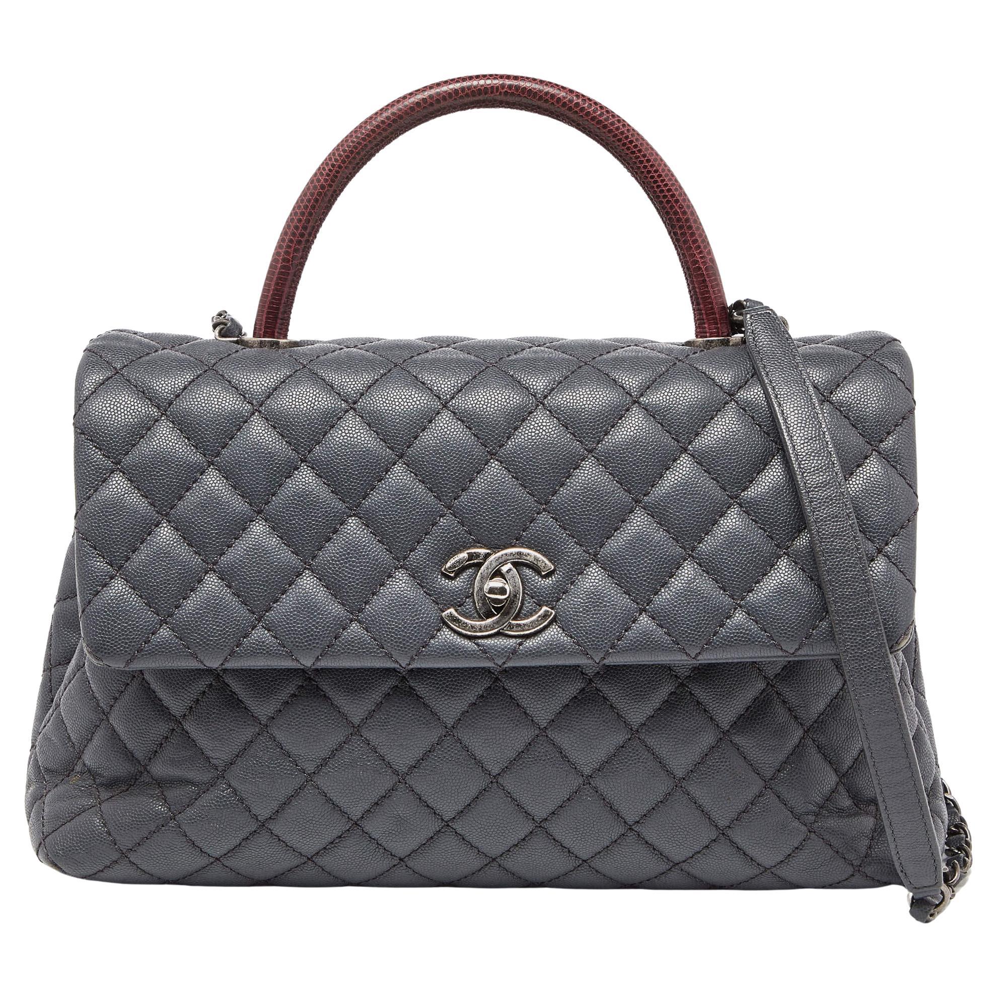 Chanel Grey/Red Caviar Leather and Lizard Leather Medium Coco Top Handle Bag
