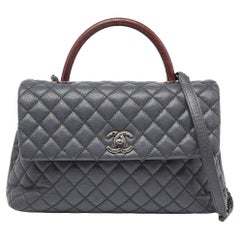 Chanel Grey/Red Caviar Leather and Lizard Leather Medium Coco Top Handle Bag