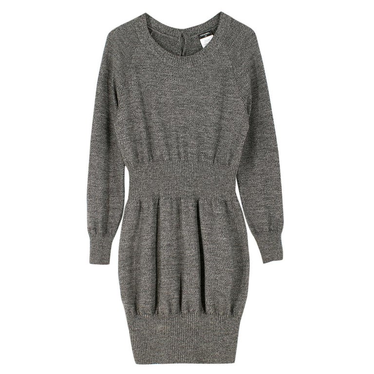 Chanel Grey Ribbed-Waist Wool-Knit Dress US 12 at 1stDibs