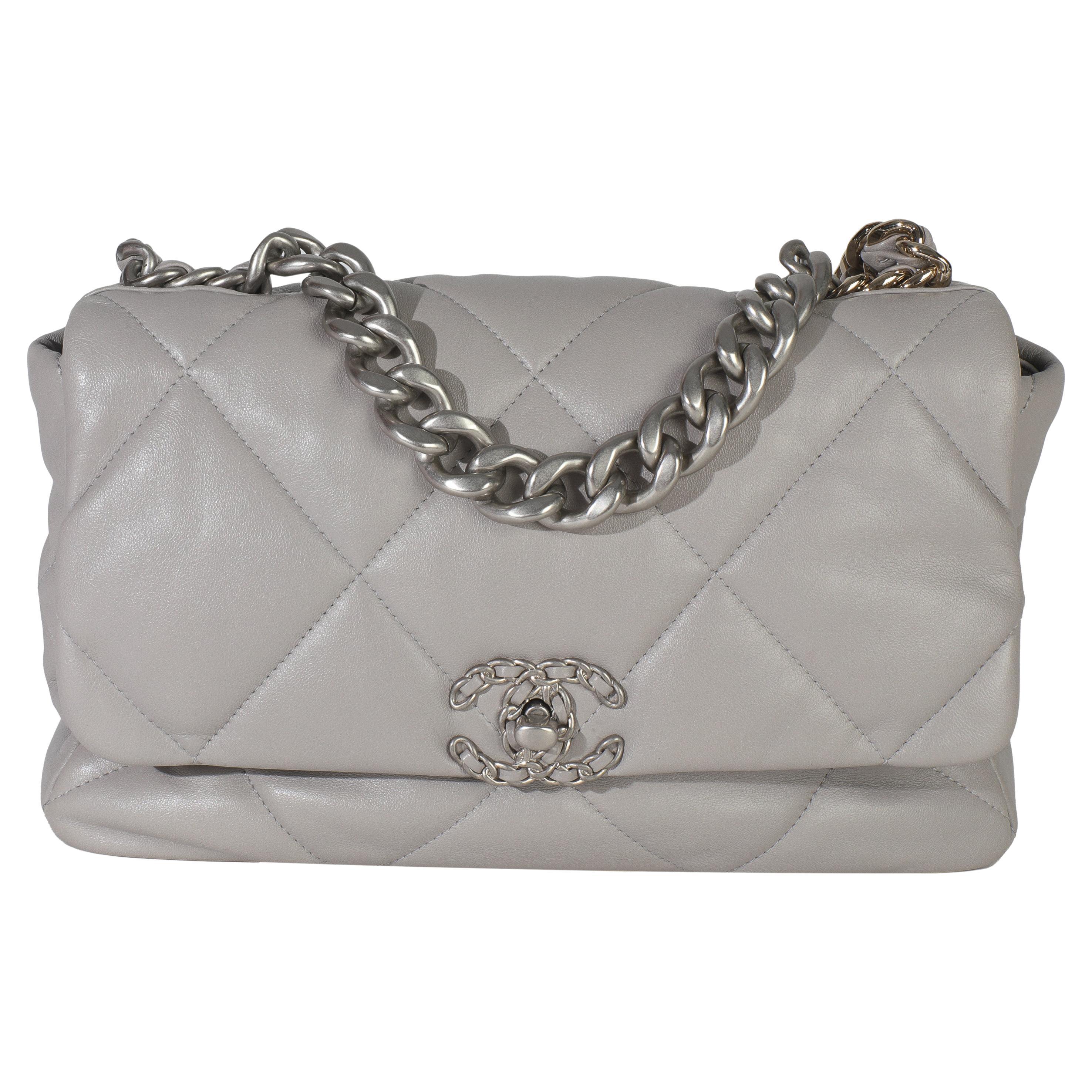 Chanel Grey Shiny Quilted Lambskin Large Chanel 19 Flap Bag