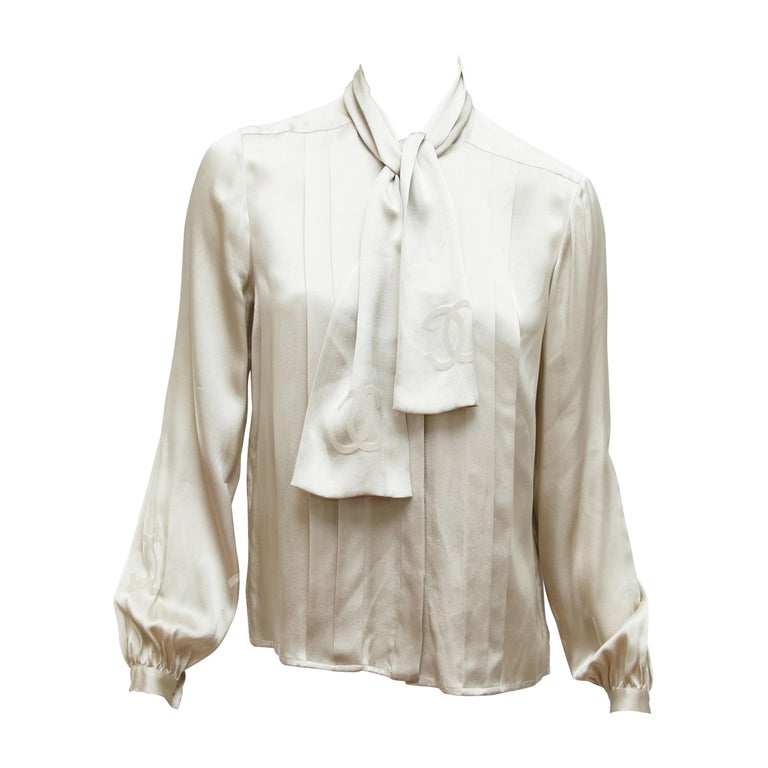 Chanel Grey Silk Pussy Bow Blouse at 1stDibs