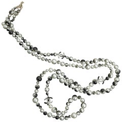 Chanel Grey Silver and Long Pearl Cc Necklace