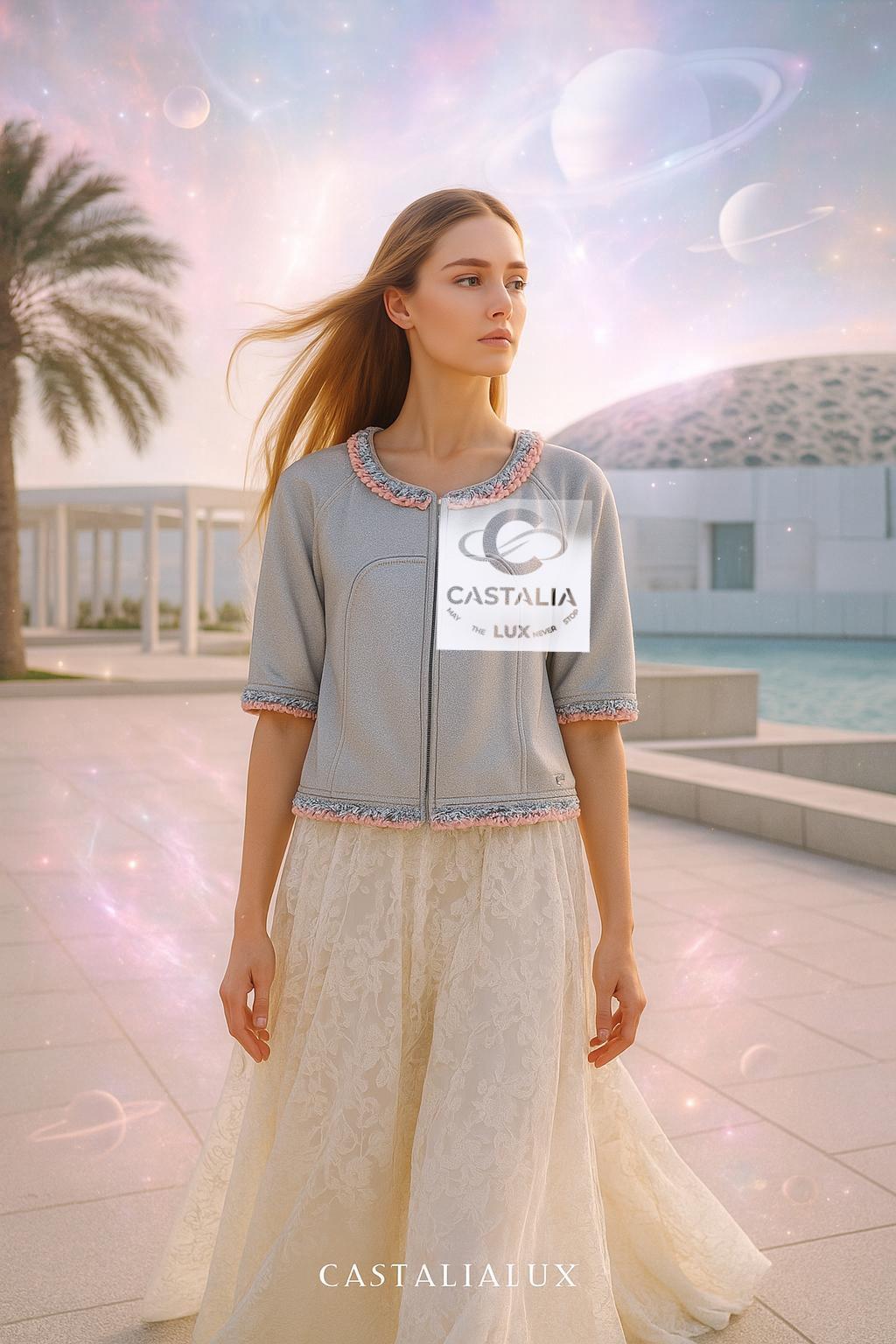 CHANEL Cardigan gris argenté avec bordure en maillons de chaîne- 
~ Une lueur d'immobilité dans le mouvement ~

Cette veste de cardio gris argenté CHANEL reflète une force tranquille à travers une silhouette épurée et sculpturale.
u2028Sa surface