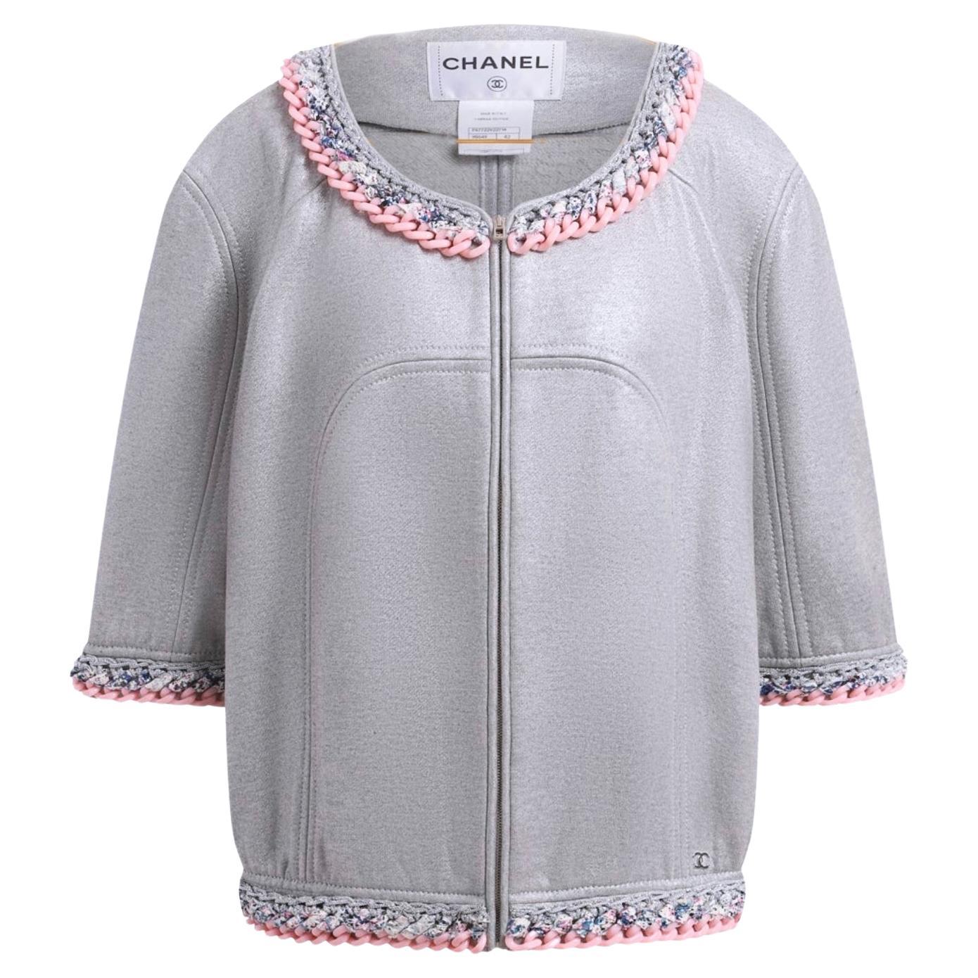 CHANEL Cárdigan gris plateado con adornos de eslabones 40 FR