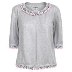 CHANEL Grey Silver Cardigan with Chain Link Trim 40 FR