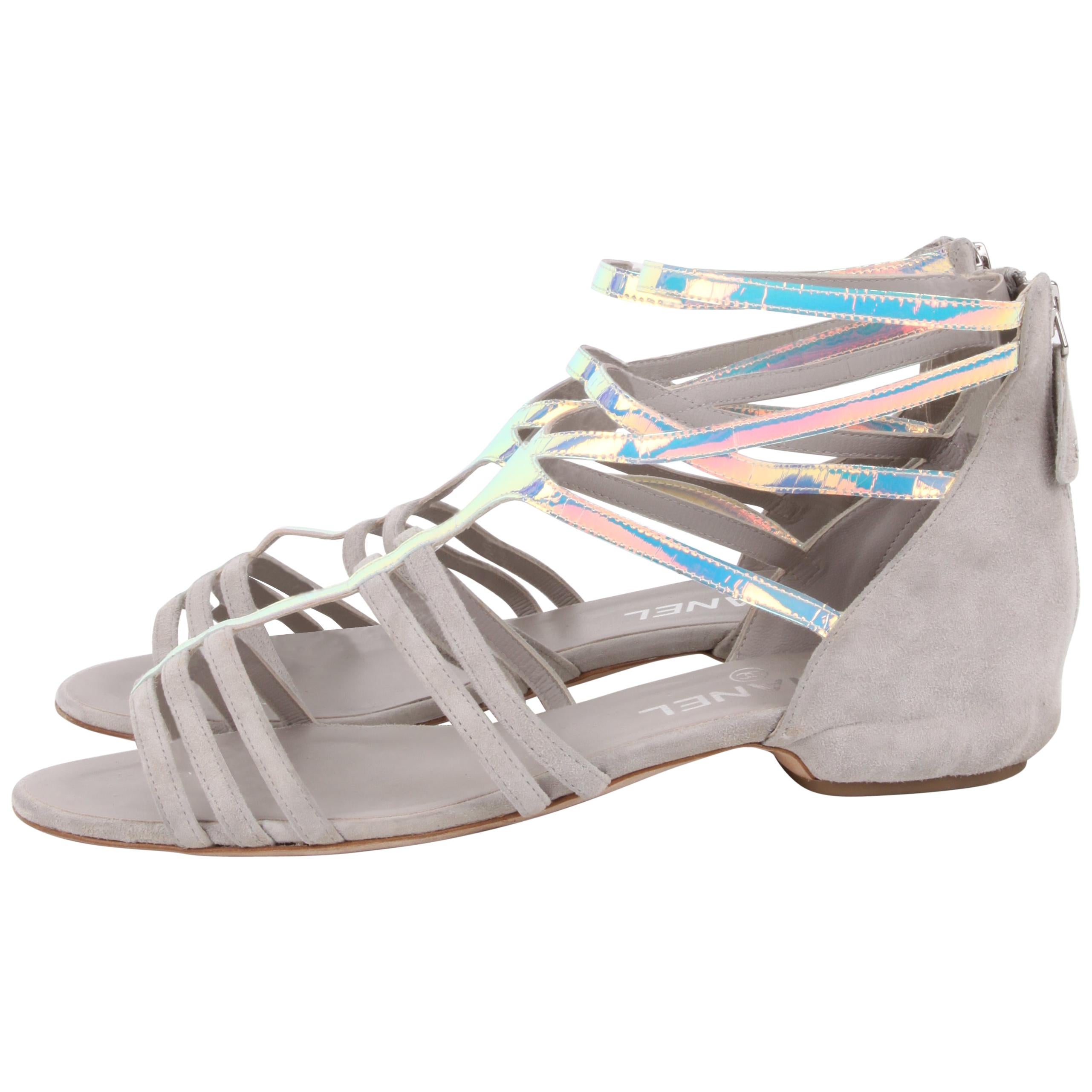 Chanel Grey Silver-Iridescent Gladiator Sandals For Sale