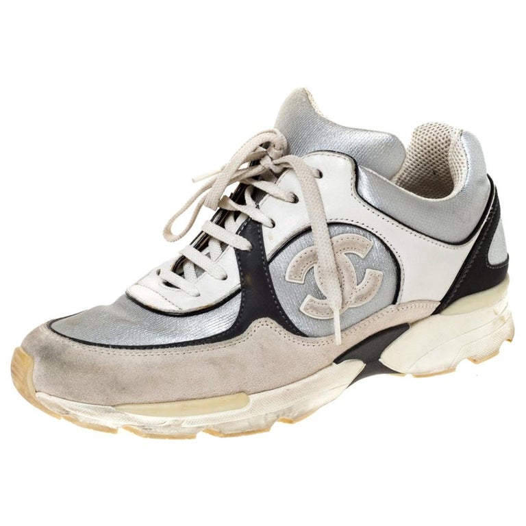 Chanel Grey/Silver Leather And Fabric CC Low Top Sneakers Size 38 at 1stDibs