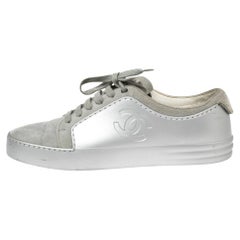 Chanel Grey/Silver Suede and Rubber CC Low-Top Sneakers Size 38