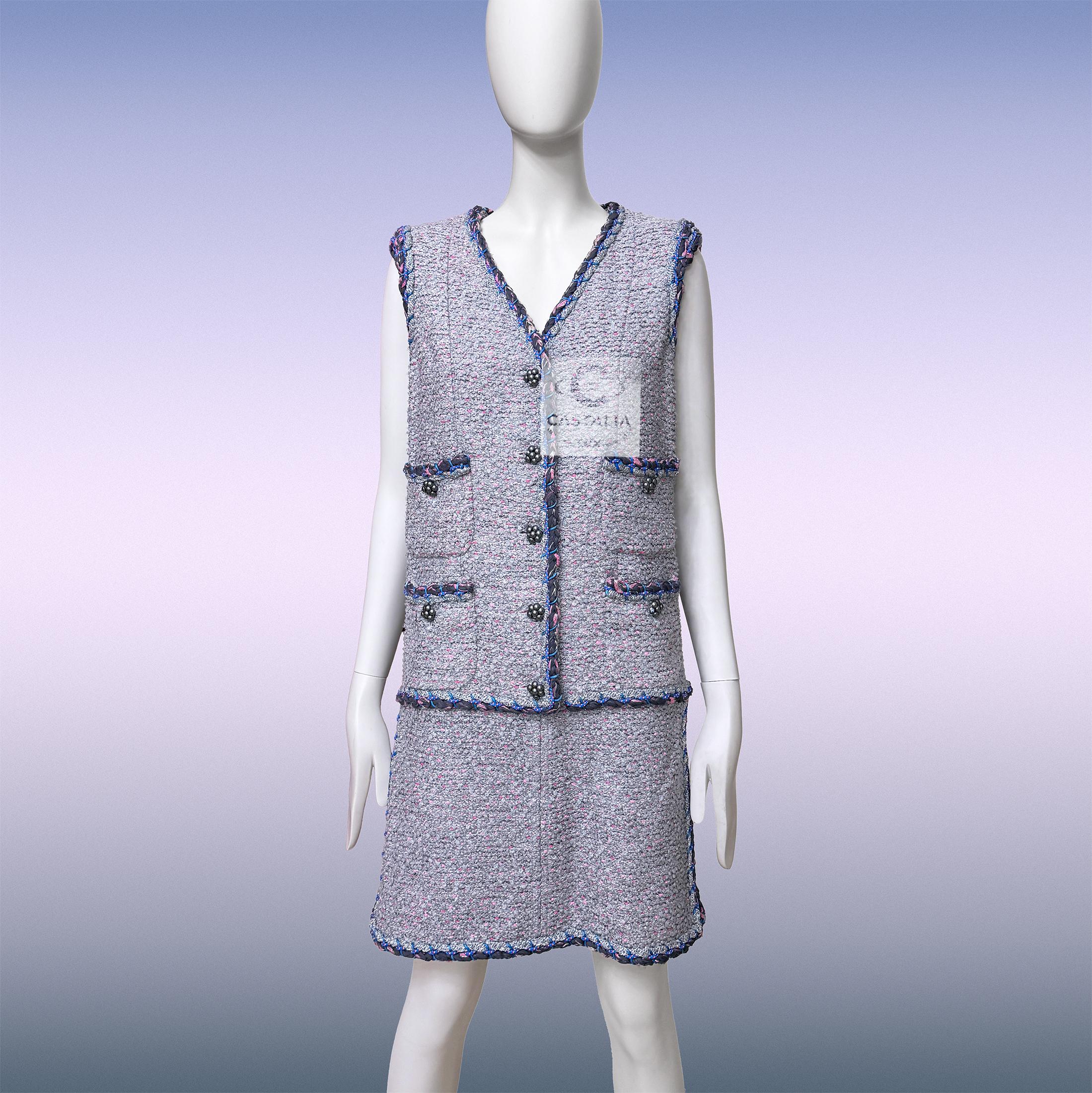 Chanel  Graues ärmelloses Tweed-Kleid 40 FR im Angebot 6