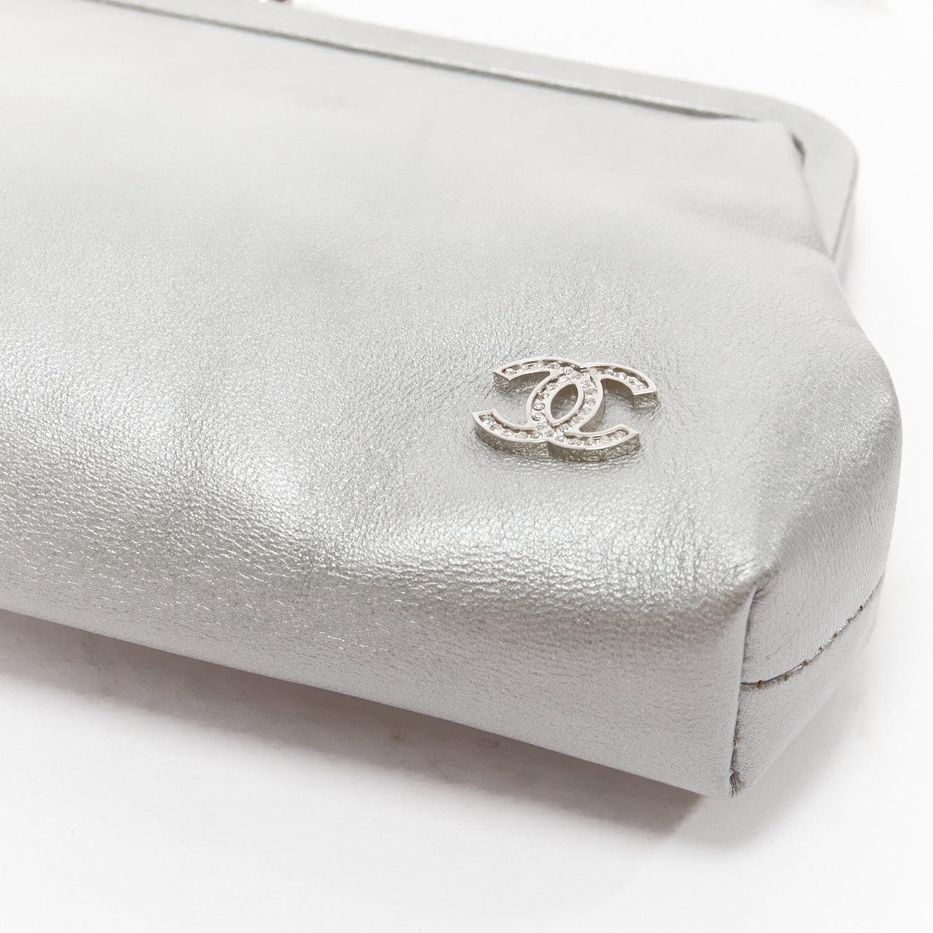 CHANEL grey smooth leather CC crystal logo silver kisslock small pouch 1
