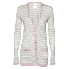 Chanel Grey Striped Cashmere & Metallic Lurex Knit Trim Cardigan S