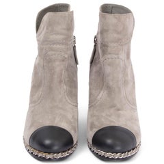 CHANEL grey suede 2011 11K CHAIN TRIM WEDGE Ankle Boots Shoes 38.5