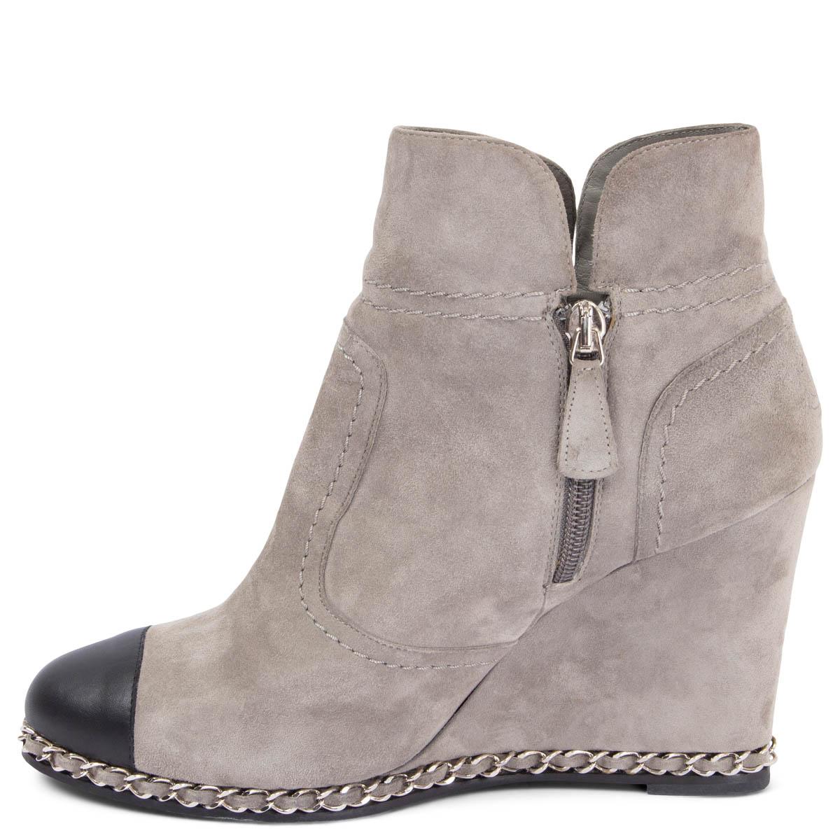 Brown CHANEL grey suede 2011 11K CHAIN TRIM WEDGE Ankle Boots Shoes 38.5 For Sale
