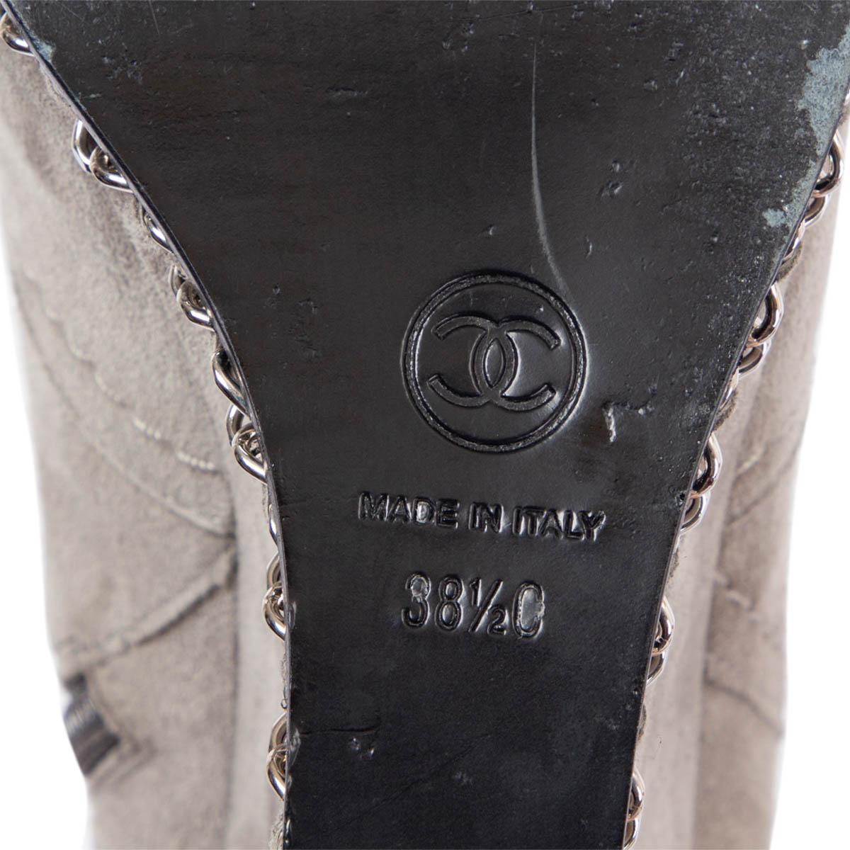 CHANEL grey suede 2011 11K CHAIN TRIM WEDGE Ankle Boots Shoes 38.5 For Sale 2