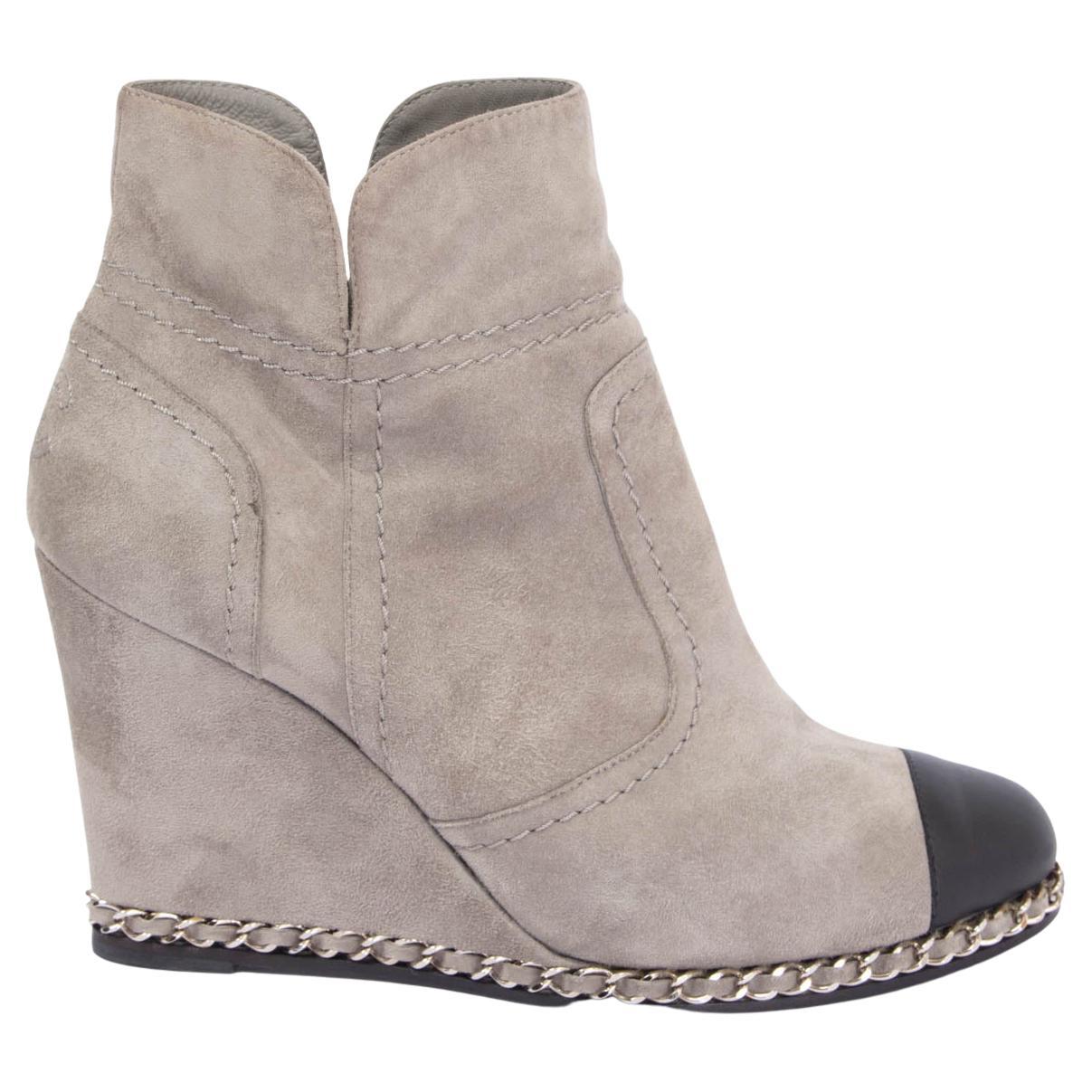 CHANEL grey suede 2011 11K CHAIN TRIM WEDGE Ankle Boots Shoes 38.5 For Sale