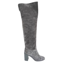 CHANEL grey suede 2018 18B BLOCK HEEL Over Knee Boots Shoes 38