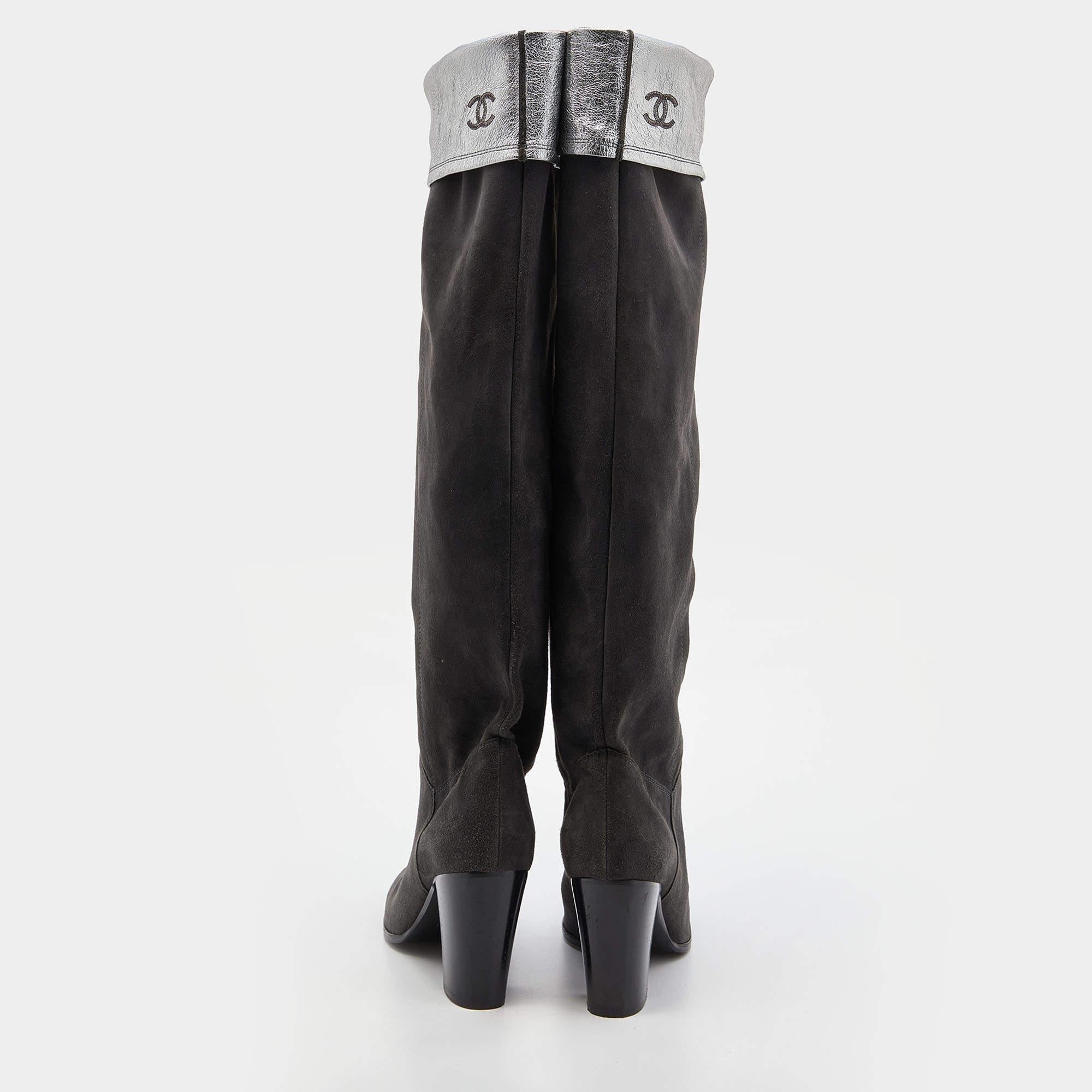 Black Chanel Grey Suede and Leather Knee Length Boots Size 38.5